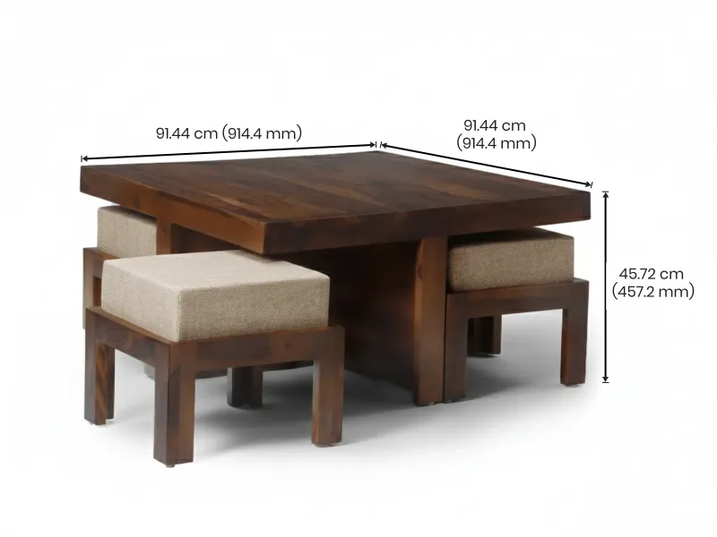 Belle Solid Wood Coffee Table with 4 Stools